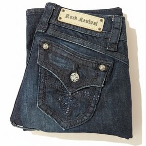 Rock Revival Heather Boot Cut Whiskered Sequined Pockets Dark Wash Jeans Size 29